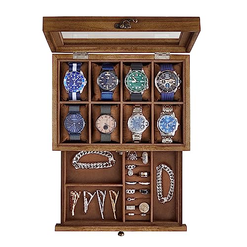 SONGMICS GISELLA Collection - 8-Slot Watch Box, 2-Tier Watch Display Case with Large Glass Lid, Removable Pillows, Velvet Lining, Jewelry Box, Gift Idea, Brown UJOW008K01 - color: Rustic Walnut, size: 2 Layer 8 Slot