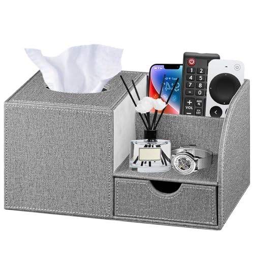 Nightstand Organizer with Tissue Holder,PU Leather Square Tissue Box Cover | Modern Facial Paper Organizer Storage Box for TV Remote Control,Bathroom,Vanity Countertop,End Table,Home and Office Decor - color: Gray