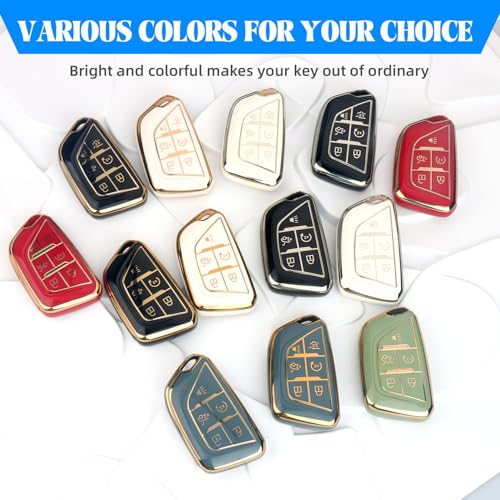 QBUC for Cadillac Key Fob Cover with Leather Keychain (Gold Trim Green) | Soft TPU Protection Case Compatible with 2020-2026 Cadillac Escalade Lyriq Optiq 6-Buttons - color: Gold/Green, size: 6-Buttons