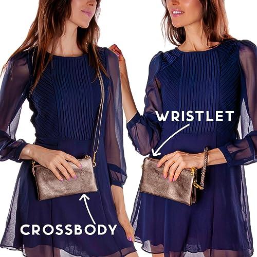 Vegan Leather Crossbody Wristlet Purse for Women - Small Convertible Clutch - color: Gunmetal Bronze