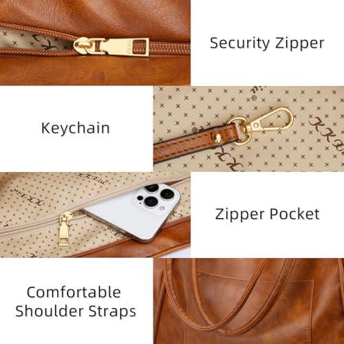 KKXIU Large Tote Bag for Women with Zipper Work Leather Travel Purse and Handbags - color: Brown