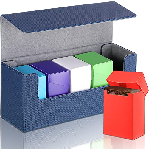 Silkfly 6 Pieces Deck Card Storage Box, 1 Leather Deck Case with 5 Plastic Card Boxes Playing Cards Box Compatible with Mtg Tcg Commander Card(Blue and Gray) - color: Blue and Gray