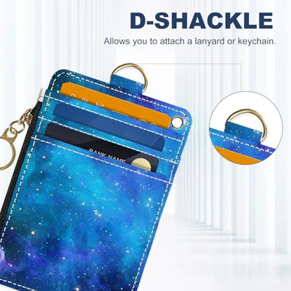 Slim Wallet Credit Card Holder, Blue Starry Sky, RFID Wallet Women Cute Small Front Pocket Wallet With Zipper, PU Leather Thin travel RFID Blocking Card Case ID Window,Ladies Gifts - color: Blue Starry Sky
