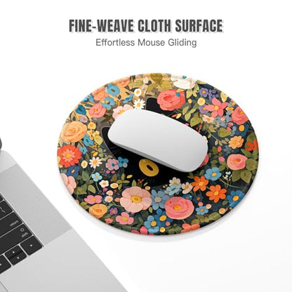 Auhoahsil Round Mouse Pad, Cute Small Computer Mouse Mat, Personalized Pattern, Stitched Edge, Non-Slip Rubber, Washable Mousepad Cloth for Wireless Mouse, 8.7 x 8.7 in, Thick 3mm, Pink Flowers Cat - color: Flowers and Cat