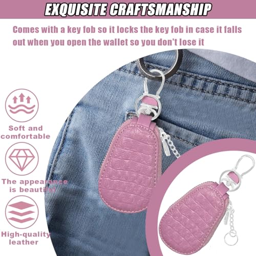 Leather Car Keychain Case Holder - Keyring Zipper Bag Auto Key Fob Cover Case with Metal Hook - Car Key Case Smart Key Fob Protector for Remote Key Fob (Pink) - color: Pink