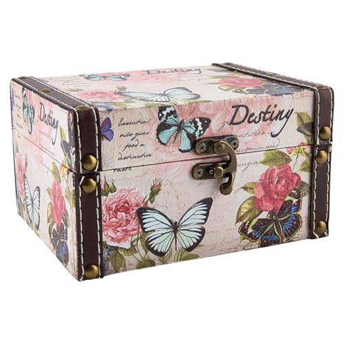 6.30 x 5.20 x 3.54 Inch Decorative Wooden Treasure Chest Box for Jewelry Trinkets Butterfly Floral Pattern Keepsakes Box Retro PU Leather Storage Case Organizer for Women Jewelry Earring
