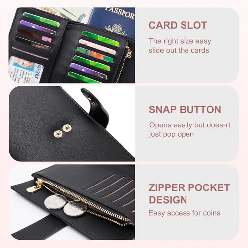 yiijay Wallet Women RFID Blocking Leather Trifold Clutch Wallet Credit Card Holder Ladies Travel Wallet Purse with Passport/Pen Holder - color: 1Black