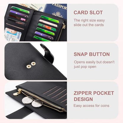 yiijay Wallet Women RFID Blocking Leather Trifold Clutch Wallet Credit Card Holder Ladies Travel Wallet Purse with Passport/Pen Holder - color: 1Black