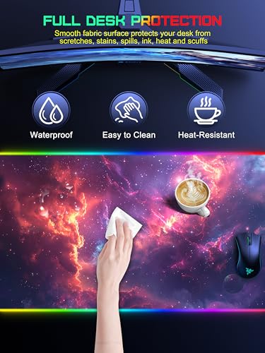 5-in-1 RGB Mouse Pad with 15W Wireless Charging, Keyboard Pad for Desk | 31.5” x 15.8” XXL Large Desk Mat, Gaming Mousepad with Ultra Smooth Surface & Non-Slip Rubber Base, Easy to Clean, Waterproof - color: Upgraded Rgb - Red Nebula With Adapter