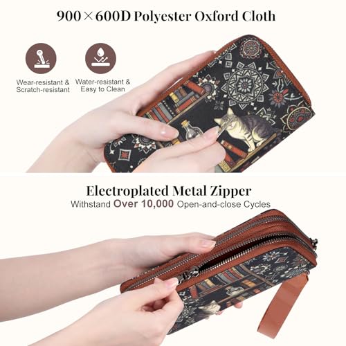 WHHMK Bookshelf and Cat Goth Womens Wallet，Wear-resistant and Scratch-resistant 900x600D Polyester Oxford Black Womens Wallet, Anti Theft Wallet for Cat Lover - color: Bookshelves Cat