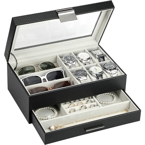 LANDICI 2-Layer PU Leather Watch and Jewelry Box, Striped Black and Grey | Six watch slots, glass lid and lower drawer organize watches, sunglasses, rings, bracelets, cufflinks and necklaces - color: Black & Grey