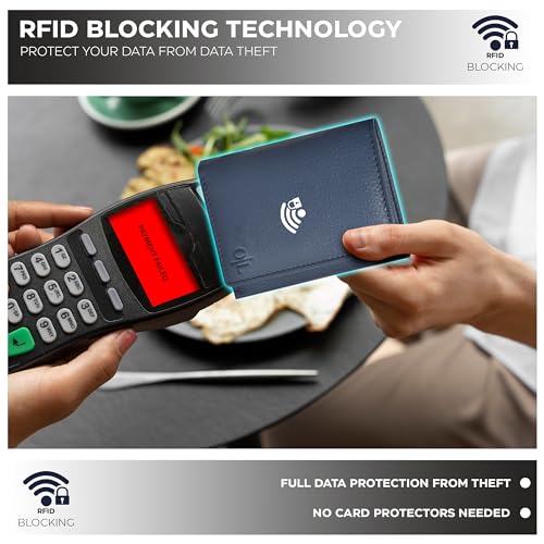 Real Leather Mens Trifold Wallet - RFID Slim Minimalist Front Pocket Gift - color: Blue