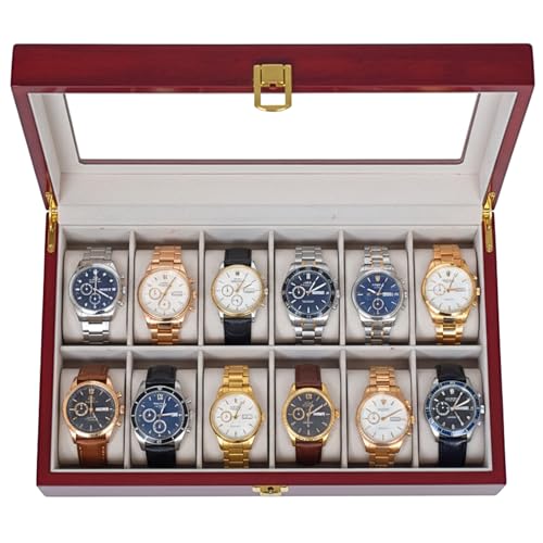 Rosewood Watch Box for Men | 12 Slot Watch Case with Glass Lid | Luxury Watch Organizer with Velvet Interior | Watch Display Case for Men and Women | Ideal Gift for Watch Collectors - size: 12 Slots