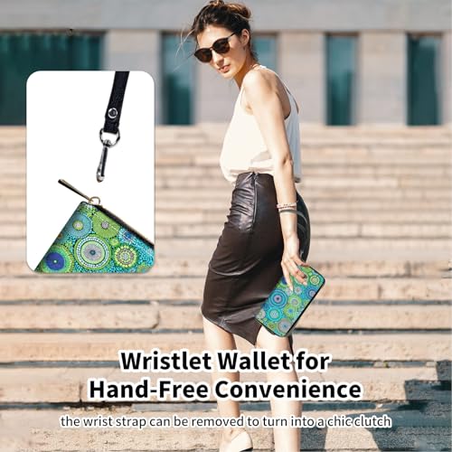 Wristlet Wallets for Women,Large Capacity RFID Blocking Leather Zip Around Travel Wallet Phone Purse Clutch Bag - color: Green Mandala Flowers