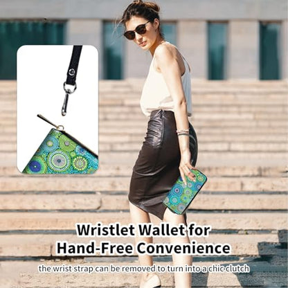 Wristlet Wallets for Women,Large Capacity RFID Blocking Leather Zip Around Travel Wallet Phone Purse Clutch Bag - color: Green Mandala Flowers