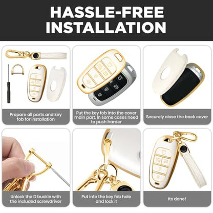 Lucrum Compatible with Hyundai Key Fob Cover & Keychain | Fits Santa Fe, Sonata, Tucson, Grandeur, Ioniq 5, Palisade, Nexo - For 5 Button Remote (2019-2025) - White and Gold - color: White, style: 5 Buttons_1