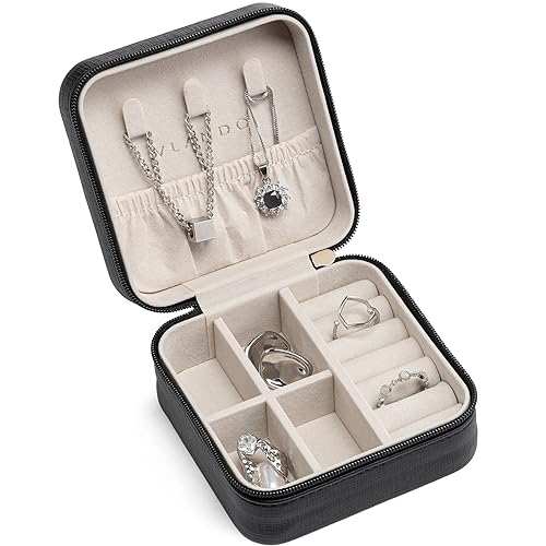 VLANDO Travel Jewelry Case, Compact Design, Necklace Hook, Anti-Tangle | Removable Dividers, Waterproof PU Leather, Scratch-Resistant Lining, Portable Storage for Rings, Earrings, Necklace，Bracelet - color: D.Black