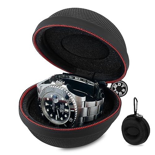 Waterproof Single Watch Travel Case for Men, Fits Watches Up to 50mm | Nylon Portable Hard Shell Storage Box W/ Carabiner & Soft Sponge, Unisex, Ideal For Vacations, Gym, Outdoor Trips & Daily Use - color: Nylon Black