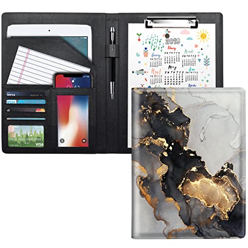 Padfolio Business/Resume Portfolio Folder, Marble Leather Interview Organizer with Legal Pad Folder Clipboard for Men/Women, Black+Gold - color: Black+gold