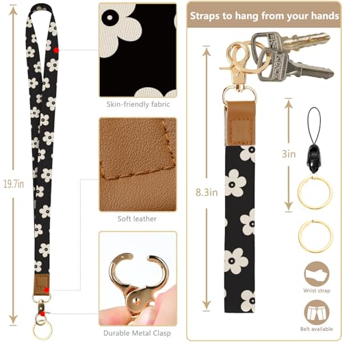 bolimoss Cute Floral Lanyard Wallet and ID Badge Holder with Zipper Pocket Breakaway Phone Wrist Lanyard, RFID Pu Leather Credit Card Holder - color: Beige Groovy Flower