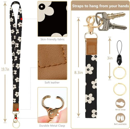 bolimoss Cute Floral Lanyard Wallet and ID Badge Holder with Zipper Pocket Breakaway Phone Wrist Lanyard, RFID Pu Leather Credit Card Holder - color: Beige Groovy Flower