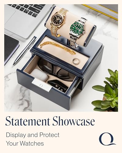 QWATCH Watch Stand Display Case - Acrylic Watch Box for 2 or 4 Watches with Jewelry Valet Tray and Drawer - color: Single - Navy / Ivory