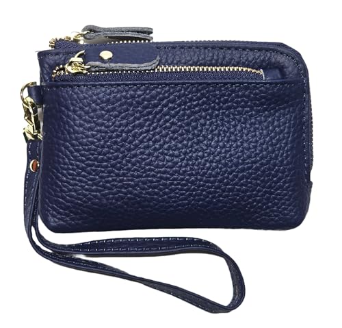 Women Genuine Real Leather Coin Purse with Hand Strap. 3 Zipper Small Wallet Wristlet with 3 credit cards slots Holder - Dark Blue - color: #18 Dark Blue