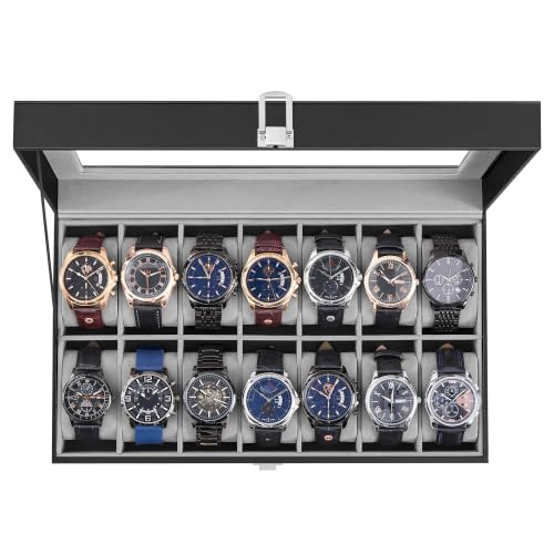SONGMICS Watch Box, 14-Slot Watch Case with Large Glass Lid | Removable Pillows, Black Synthetic Leather, Gray Lining, Gift for Loved Ones, BRIDIE Collection UJWB040B201 - color: Black + Gray, size: 14 Slot