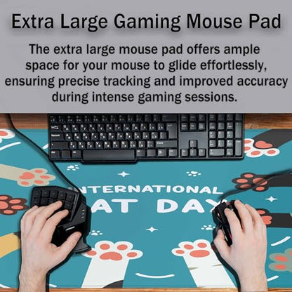 International Cat Day Desk Mat Large Mouse Pad Cute Cat Paw Flat Cartoon Friendship Full Extended Gaming Computer Keyboard Mousepad for Home,Office 35.4"X15.7" - color: International Cat Day