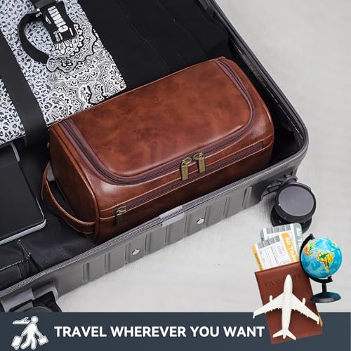 Toiletry Bag for Men,Small Leather Travel Pouch Bag with Hanging hook - color: Deep Brown