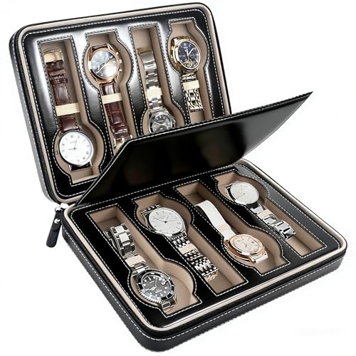 8 Slot Watch Box Faux Leather Storage Valet Premium Watch Storage Display Case for Men (Black) - color: Black