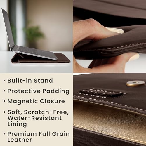 Genuine Leather Laptop Sleeve 13-14 Inch, Padded Full Grain Leather Case with Built-in Stand - Dark Brown, Compatible with MacBook Air, MacBook Pro, Dell, HP, Lenovo - color: Dark Brown, size: For 13” - 14” Laptops