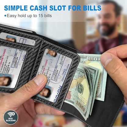 Wallet for Men,with Cash Pocket 2 ID Window 9-13 Cards,Metal Case Smart Slim Pop Up Credit Card Holder Flip with Magnetic Closure RFID Blocking Trifold wallet with Gift Box - color: Black072