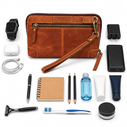 Genuine Leather Makeup Bag Travel Organizer, Premium Handcrafted Cosmetic Pouch with Zipper & Wrist Strap, Durable Toiletry Storage for Women & Men, 5 x 9- Tan - color: Tan Travel Makeup Bag