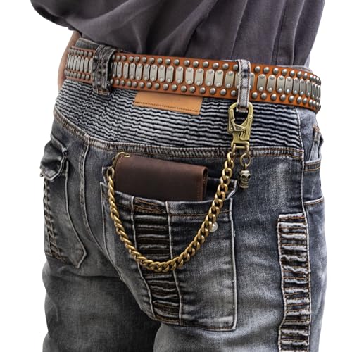Ahiller Chain Wallets for Men Crazy Horse Leather Bifold Biker Wallet Brown | Removable Anti-Theft Stainless Steel Chain,Come with Gift Box,Zippered Cash Compartment,1 ID Window, 5 Card Slots - color: Brown