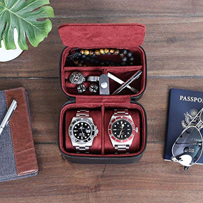 ROTHWELL Gift Set 6 Slot Leather Watch Box and 2 Watch Travel Case - Luxury Case Organizer, Microsuede Liner, Locking Mens Jewelry Watches Holder, Storage Boxes Glass Top (Black/Red Gift Set) - color: 6 Slot - Black/Red Gift Set