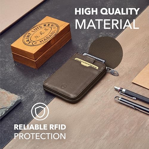 Vaultskin NOTTING HILL Slim Italian Leather Zip Around Wallet, RFID | Minimalist thin card holder for men and women, small coin purse, keychain D-ring, RFID blocking, 10 cards, cash, gift box - color: Brown