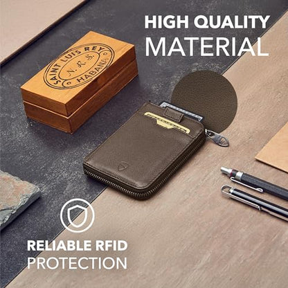 Vaultskin NOTTING HILL Slim Italian Leather Zip Around Wallet, RFID | Minimalist thin card holder for men and women, small coin purse, keychain D-ring, RFID blocking, 10 cards, cash, gift box - color: Brown