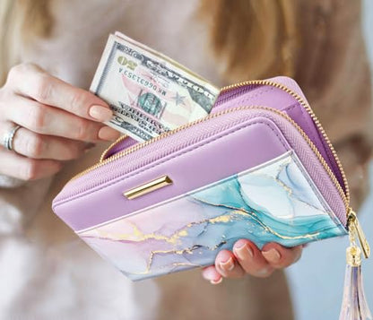 Coco Rossi Wallet for Women RFID Blocking Zipper Around Credit Card Holder | PU Leather, Zipper Around, Multi Card Case, Clutch with Tassel Wristlet Wrist Strap, Gradient Marble, Gifts for Girls Ladies - color: Gradient Marble