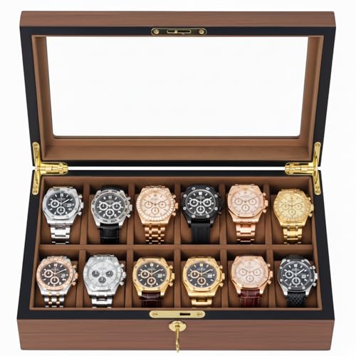 Premium Watch Case with Key Lock - 12 Slots Wooden Watch Box with Glass Lid - Luxury Watch Holder Organizer for Men & Women's Jewelry Display - Ideal Gift for Watch Display & Storage - size: 12 Slots Brown Key Lock