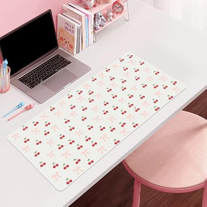 Bow Cherry Desk Mat, Cute Extended Gaming Keyboard Mouse Pad, Large Office Desk Cover Mat Pad Deskmat, Non-Slip Leather Home Office Desk Mat Protector 23.6"x11.8" - color: Bow Cherry, size: S(23.6×11.8 inch)