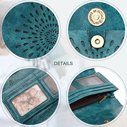 APHISON Womens Wallets RFID Blocking Leather Clutch Long Wallet for Women Card Holder Phone Organizer Ladies Travel Purse Hollow Out Sunflower Design Gift - color: A4-peacock