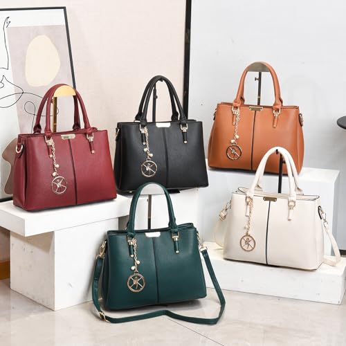 Purse and Handbags for Women, 3 Zip Compartments Tote Bag Designer Shoulder Purse Top Handle Satchel Bags - color: A1-burgundy Purse With 2 Purse Strap