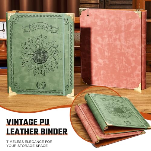 Ovesmusl Sunflower PU Leather 3 Ring Binder 1.5 Inch Fits 8.5"x11" Paper | 1.5 Inch Round Ring Binder Holds 350 Sheets, Notepad Paper Cover Loose Leaf Organizer, Green - color: Green Flower, size: 1.5" Ring