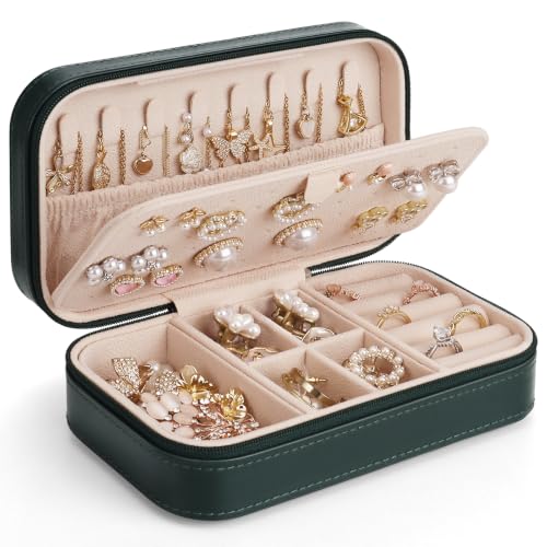 DesignSter Travel Jewelry Box, PU Leather Portable Jewelry Case, Small Jewelry Boxes for Gifts, Travel Jewelry Organizer for Women Rings Earrings Necklaces Bracelets (Dark Green) - color: Dark Green