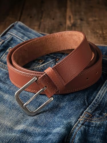 Mens Leather Belts for Jeans | Genuine Leather, Everyday Casual Dress, Classic Style, Handmade, Gift Box - color: Reddish Brown 215, size: 34(Fits Waist 32"-33")