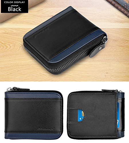 Admetus Mens Zipper Wallet Leather Zip Bifold RFID Blocking Card Holder | genuine leather,gift box,1 ID window,10 credit card slots,2 cash compartments,coin pocket,zip around,gift for men - color: Black-23