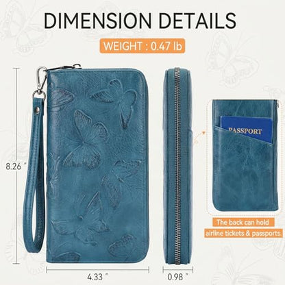 BELTANA Womens Wallet RFID Wallet Women with Passport Holder Butterfly Vegan Leather Multi Card Slots Wallets Large Capacity Wristlet Travel Purse for Women (Peacock-Blue) - color: Peacock-Blue