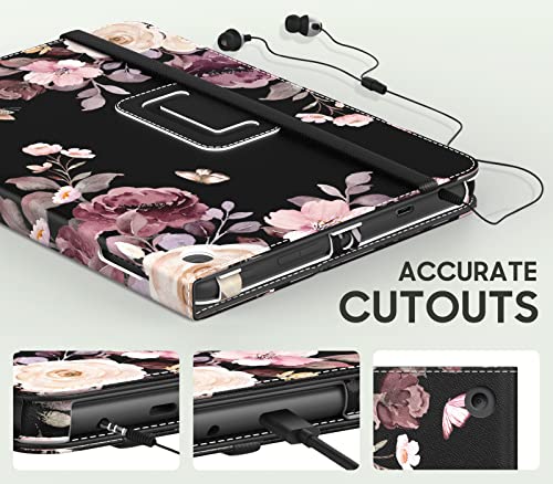 MoKo Case Fits Kindle Fire HD 8 & 8 Plus Tablet 8", Purple Flowers on Black | Slim Folding Stand Cover for Fire HD 8 12th/10th Gen, 2024/2022/2020, Auto Wake/Sleep, Hand Strap, Dual Angle, Pen Loop - color: purple flowers on black