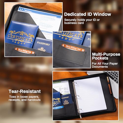 Ovesmusl PU Leather 3 Ring Binder with Zipper, 1 Inch Black Tree | Holds 200 sheets, fits 8.5x11 letter paper, round rings, loose leaf organizer - color: Black